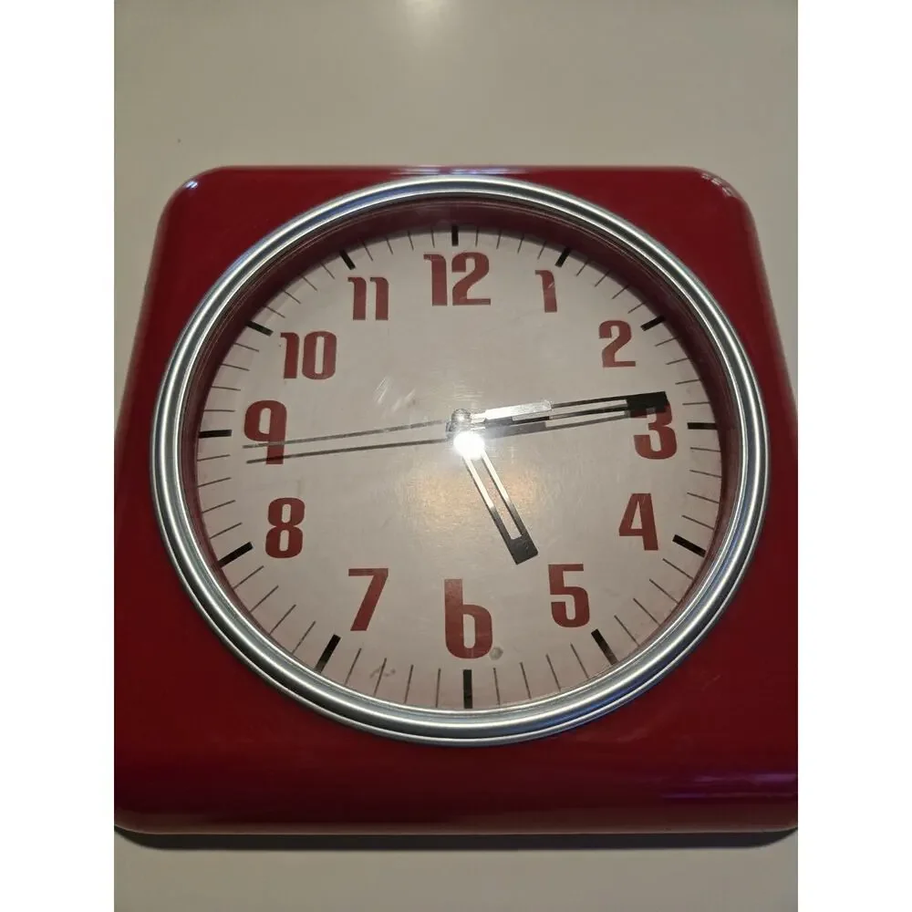 Retro Red Square Wall Clock 9” Quartz Diner Kitchen Vintage Style Tested Works